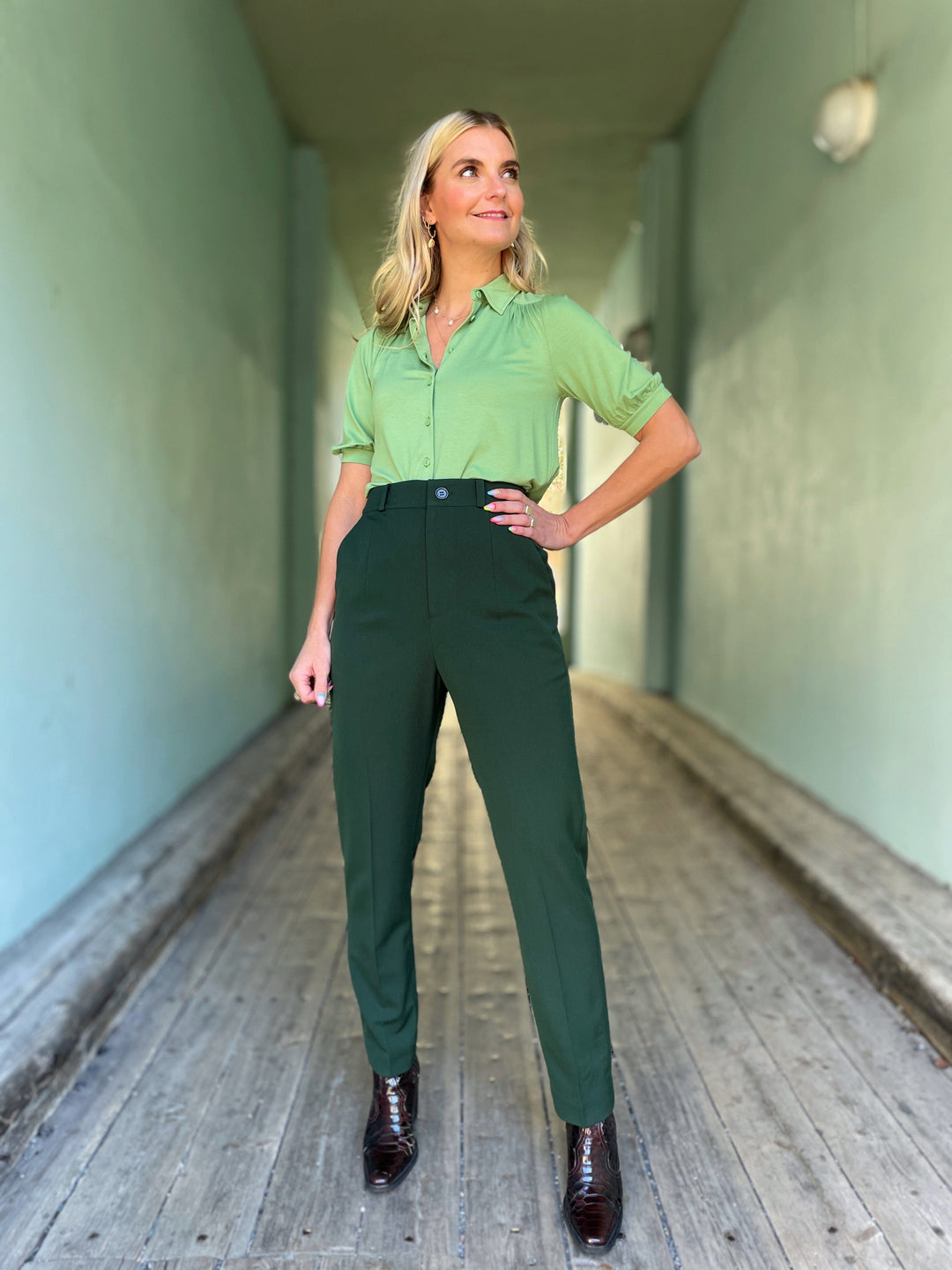 Dianas Vintage bukser Frida Pants med gylf - bukse med høyt liv - mørk grønn