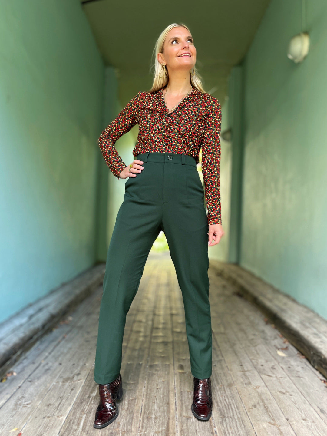 Dianas Vintage bukser Frida Pants med gylf - bukse med høyt liv - mørk grønn