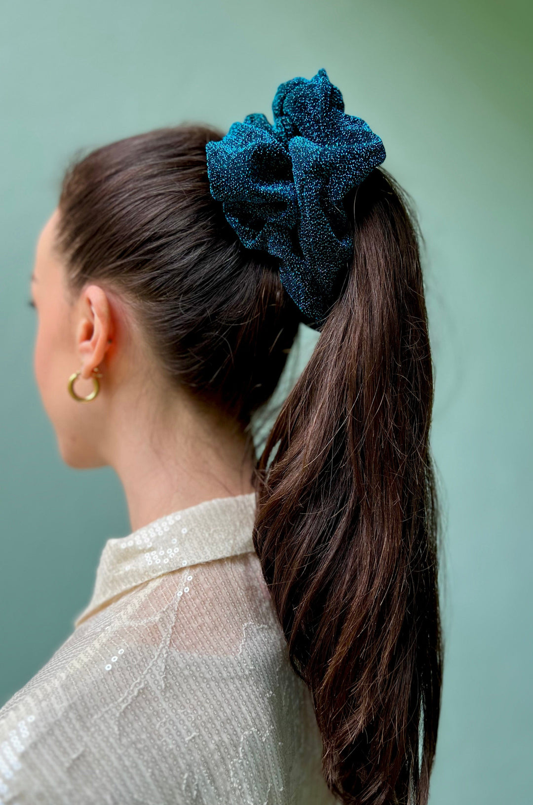 Dianas Vintage hårpynt Scrunchie av restestoff stor - blå lurex