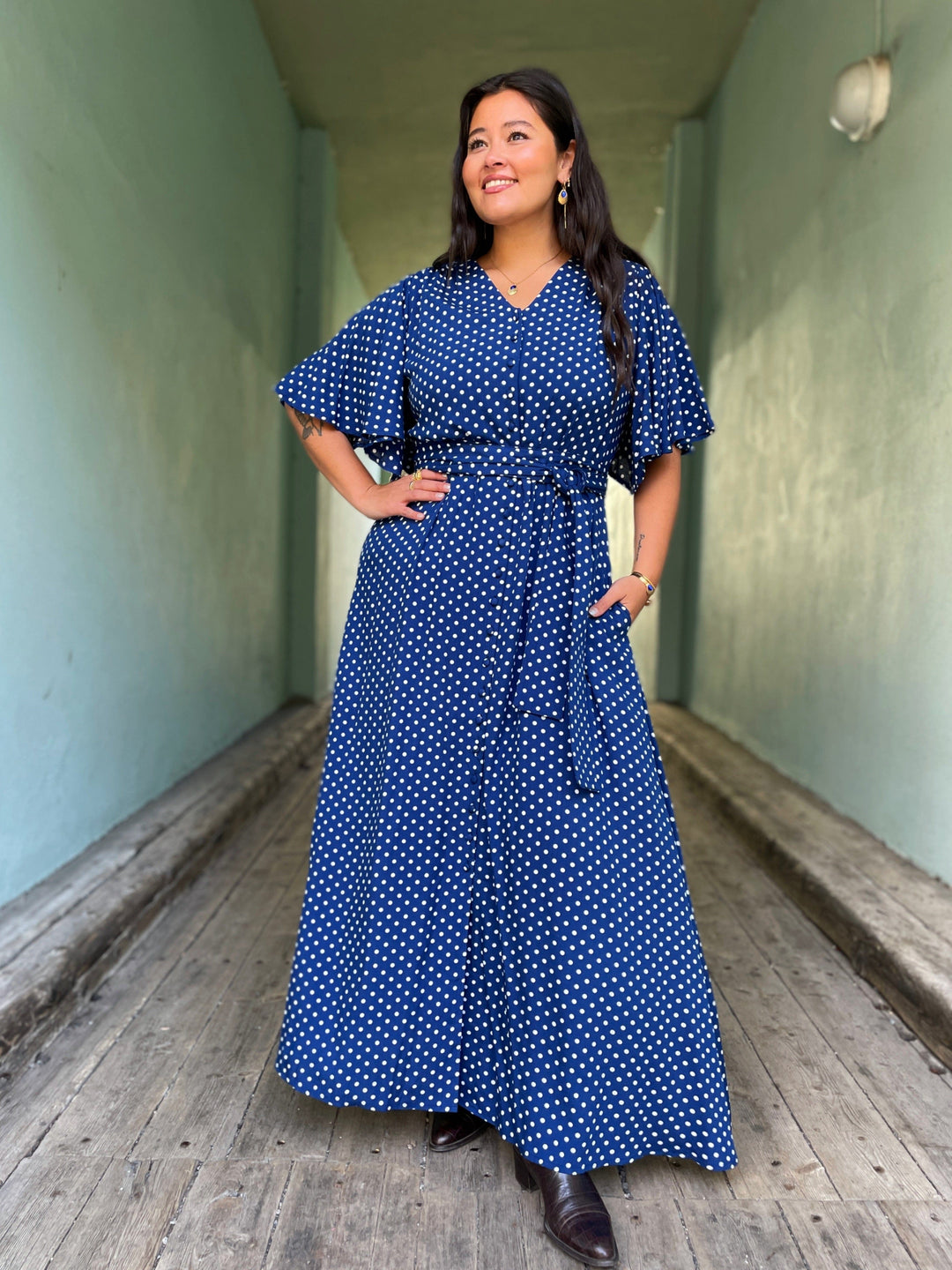 Dianas Vintage kjoler Monika dress - lang kjole - dots blue