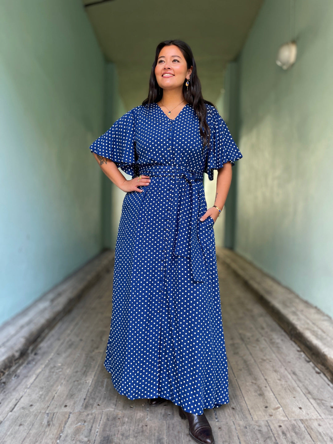 Dianas Vintage kjoler Monika dress - lang kjole - dots blue
