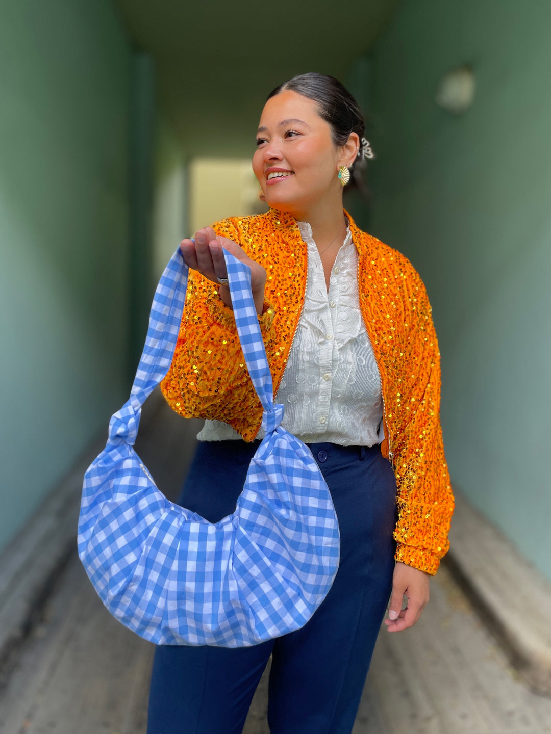 Dianas Vintage vesker Veske av restestoff - blå og hvite ruter