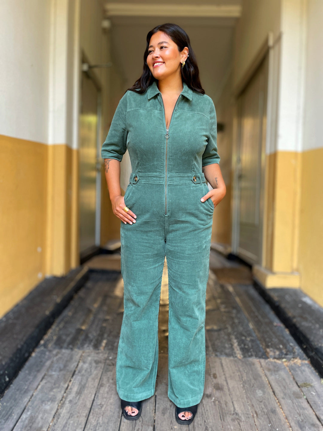 King Louie buksedresser Garbo Flare Corduroy buksedress - matchagrønn