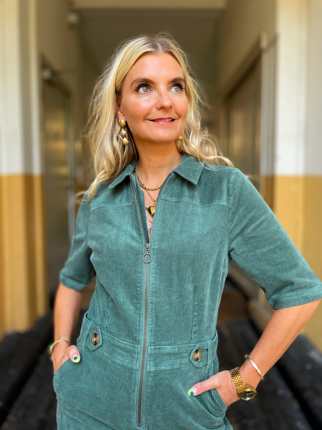 King Louie buksedresser Garbo Flare Corduroy buksedress - matchagrønn