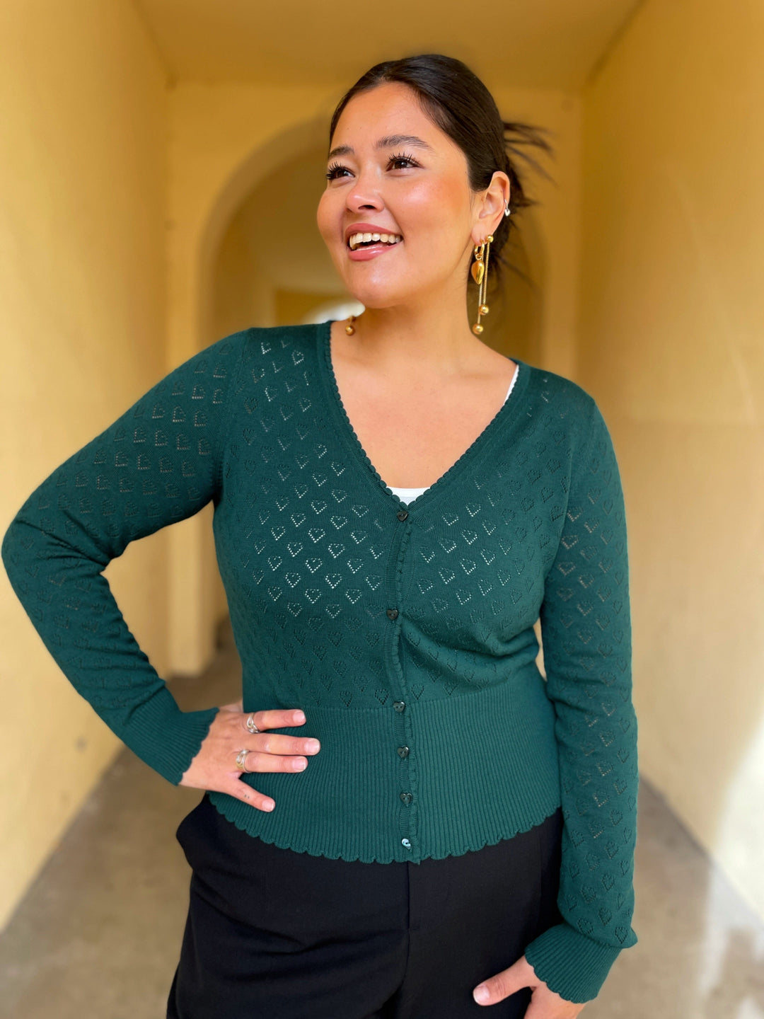 King Louie gensere Cardigan V Heart Ajour - Dragonfly green