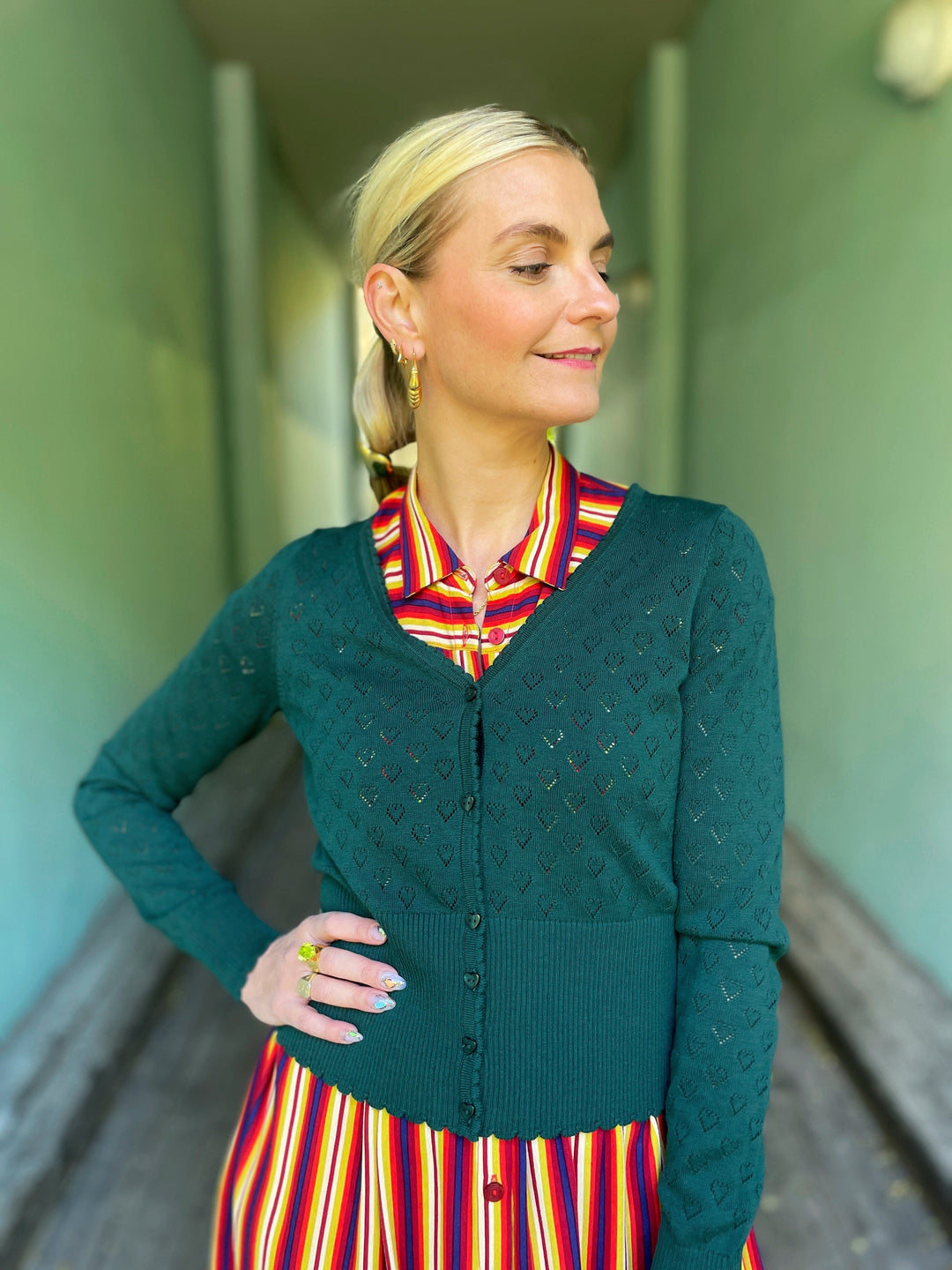 King Louie gensere Cardigan V Heart Ajour - Dragonfly green