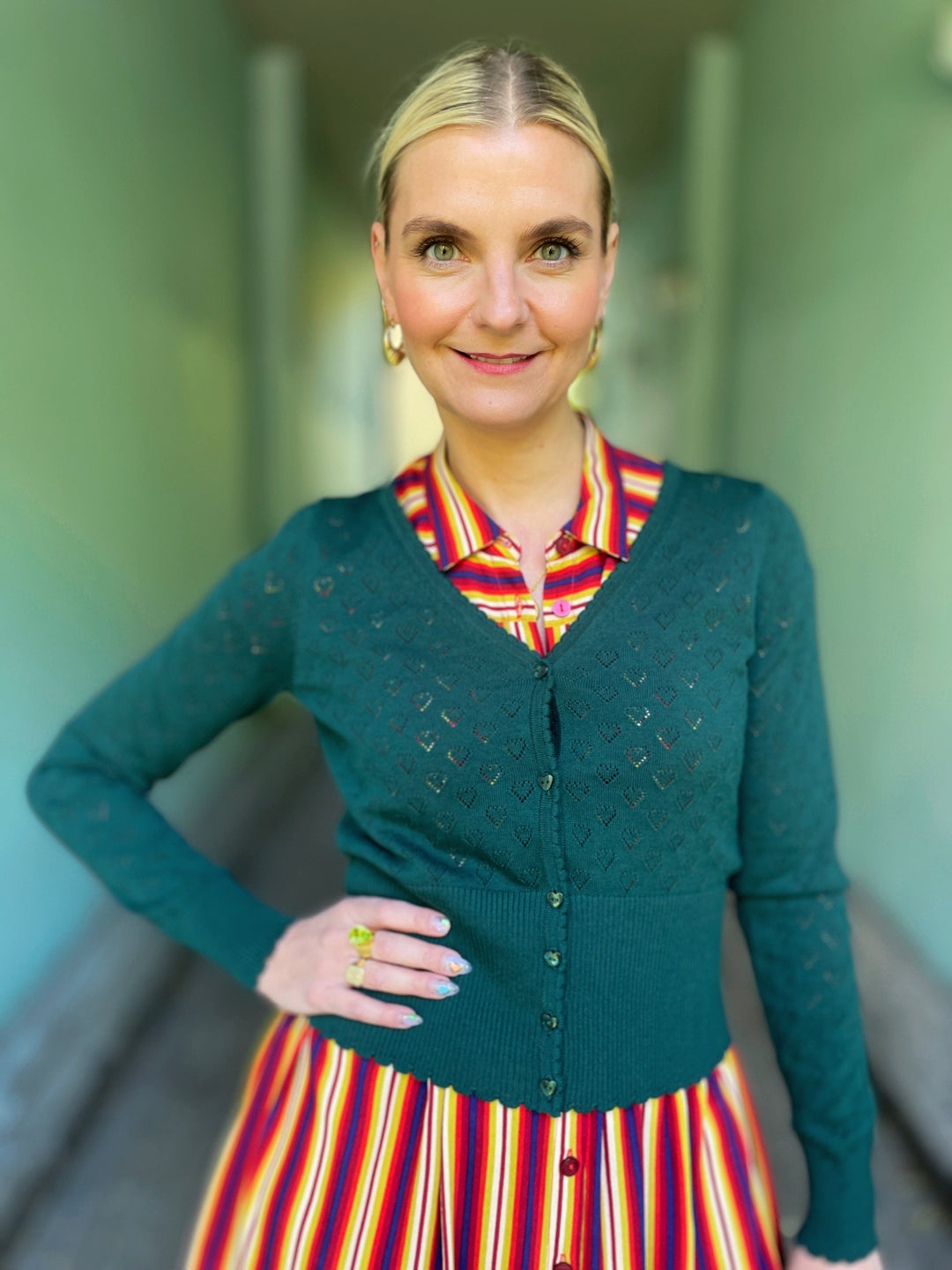 King Louie gensere Cardigan V Heart Ajour - Dragonfly green