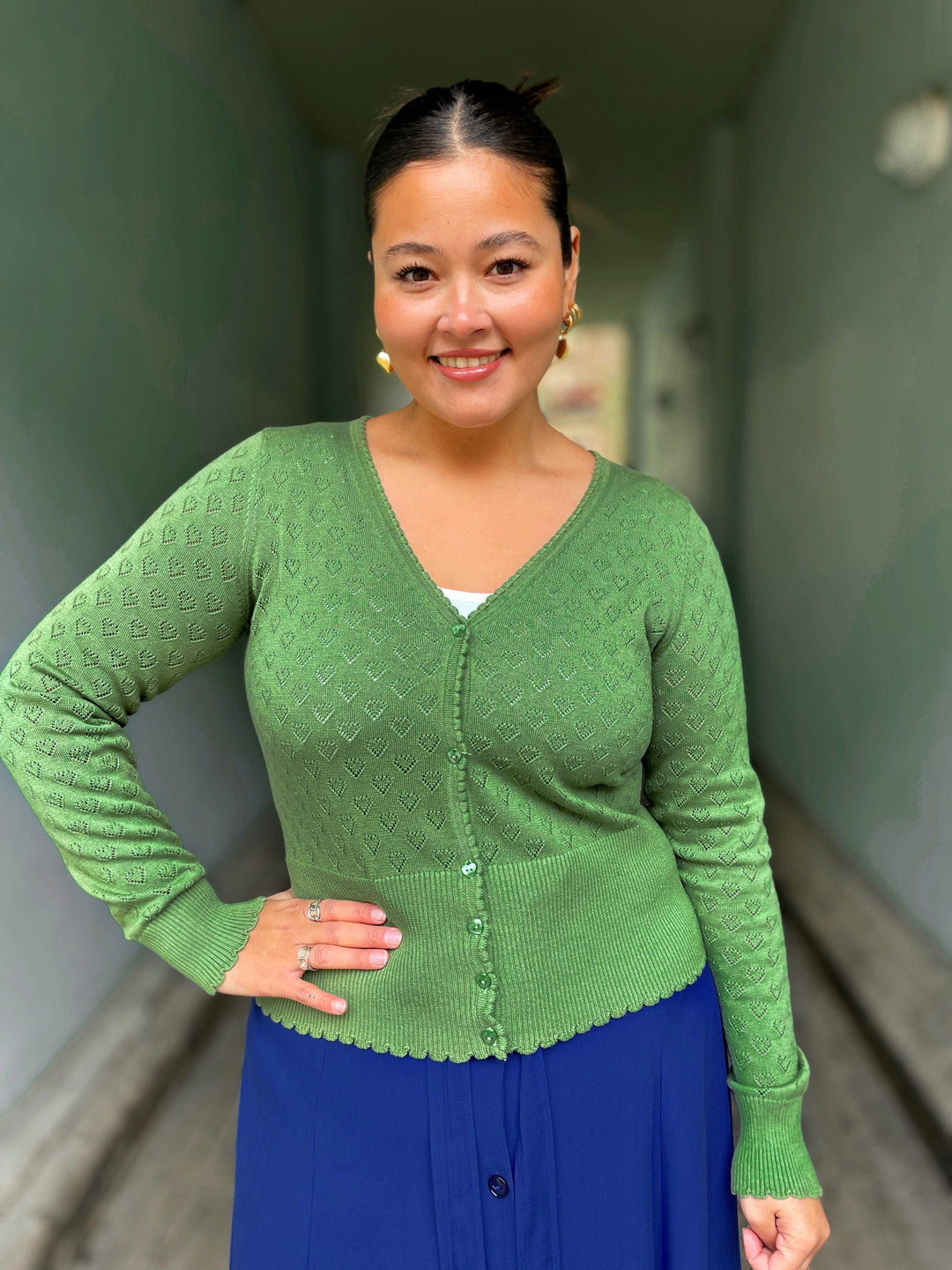 King Louie gensere Cardigan V Heart Ajour - jade green