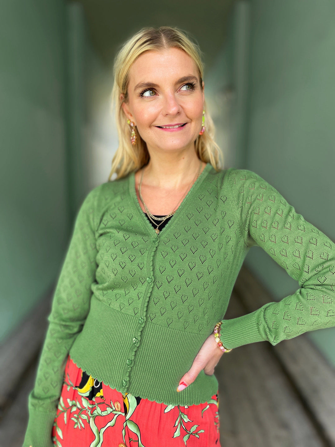 King Louie gensere Cardigan V Heart Ajour - jade green