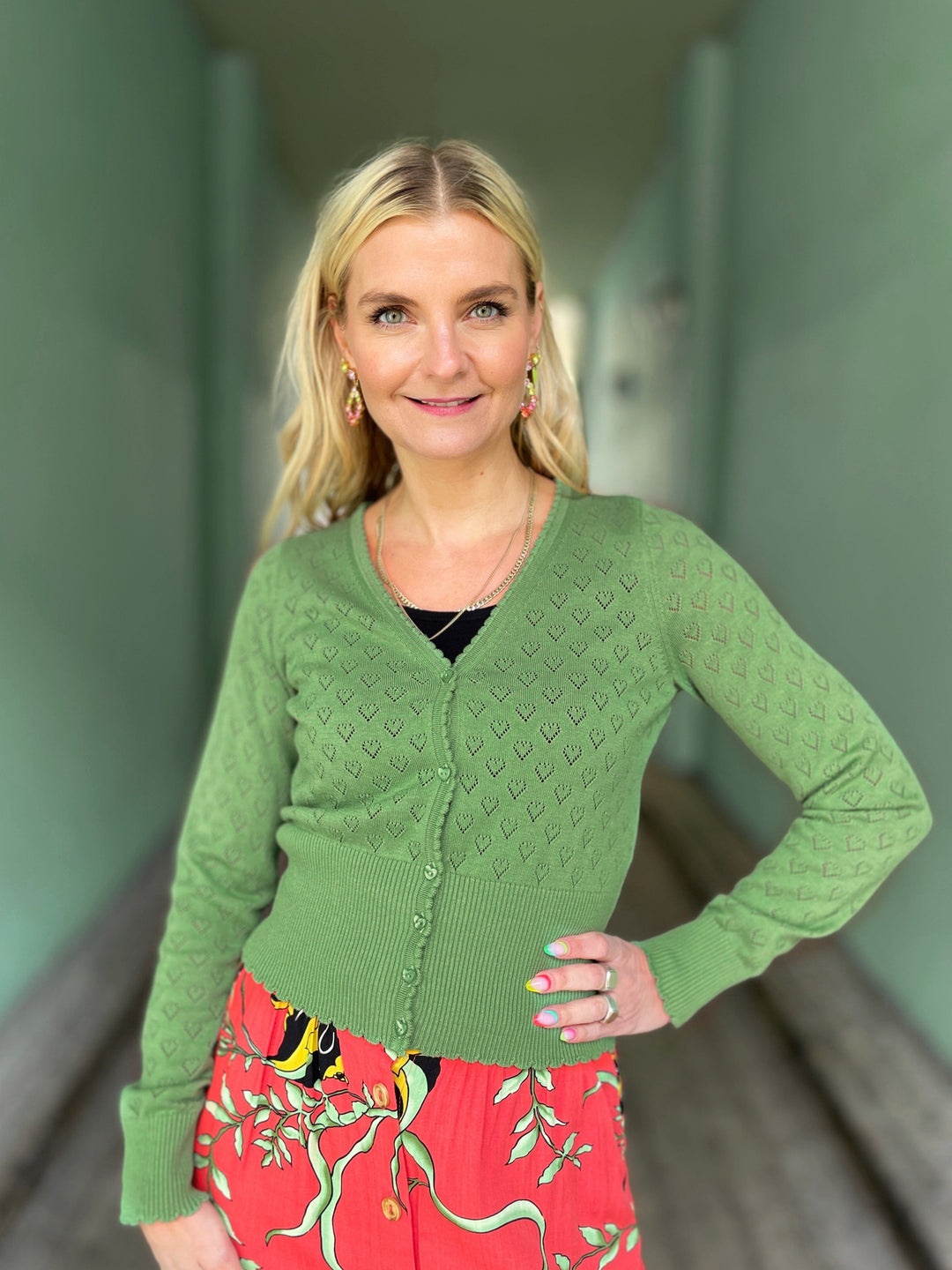 King Louie gensere Cardigan V Heart Ajour - jade green