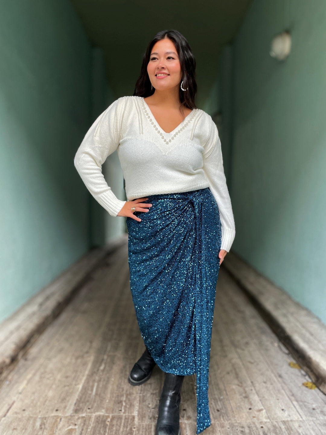 Never Fully Dressed skjørt Jaspre maxi sequin skjørt - teal blå