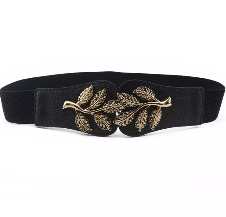 Svart, bredt strikkbelte med kjempefin bladspenne i gull.