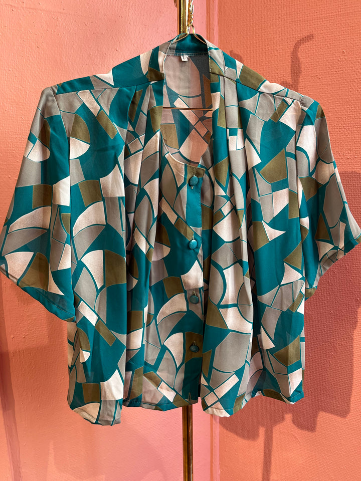Vintagebluse - 524 Turkis mosaikk str M