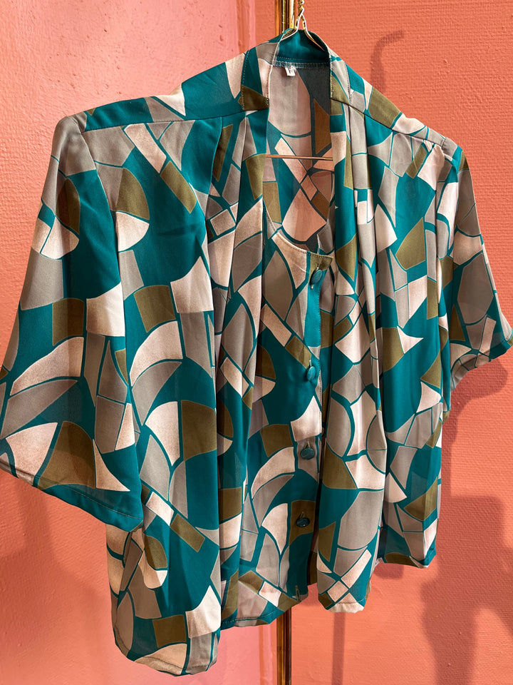 Vintagebluse - 524 Turkis mosaikk str M