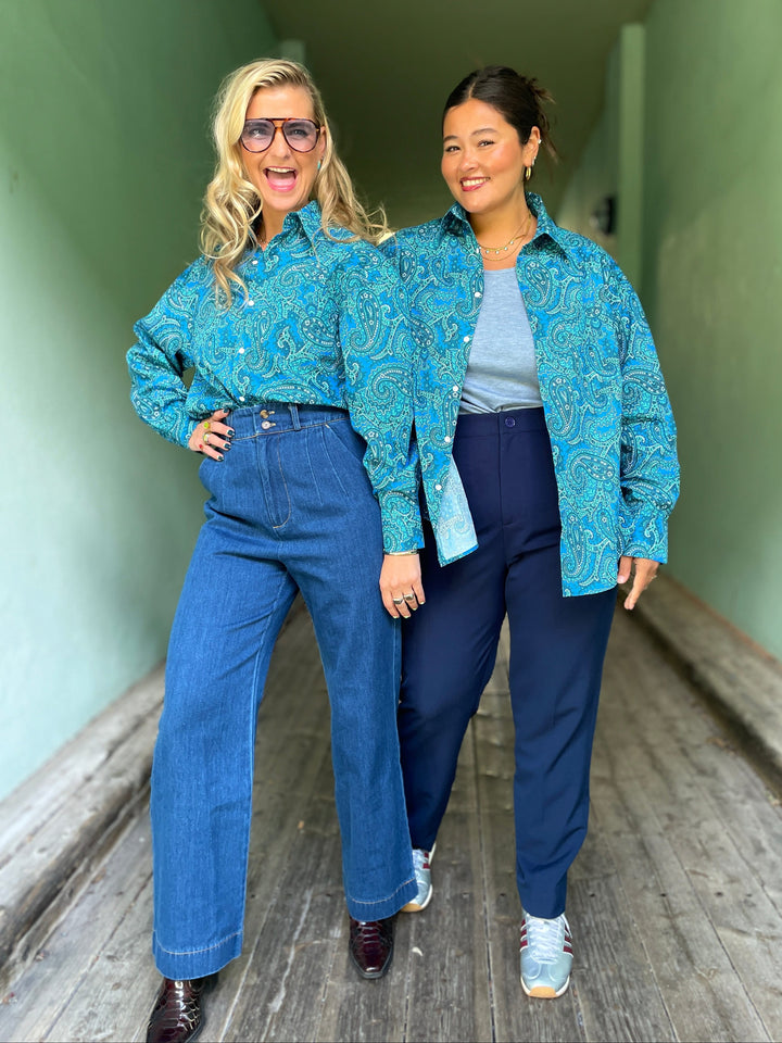 Dianas Vintage Bluser Karro shirt paisley skjorte i bomull med paisleymønster i blått og grønt etisk produsert