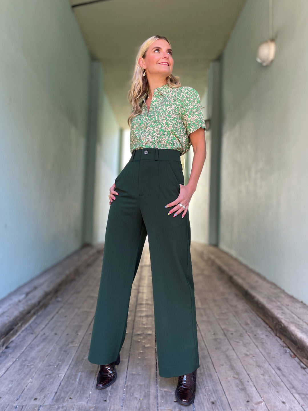 Dianas Vintage bukser Hepburn Pants med gylf - bukse med høyt liv - mørk grønn