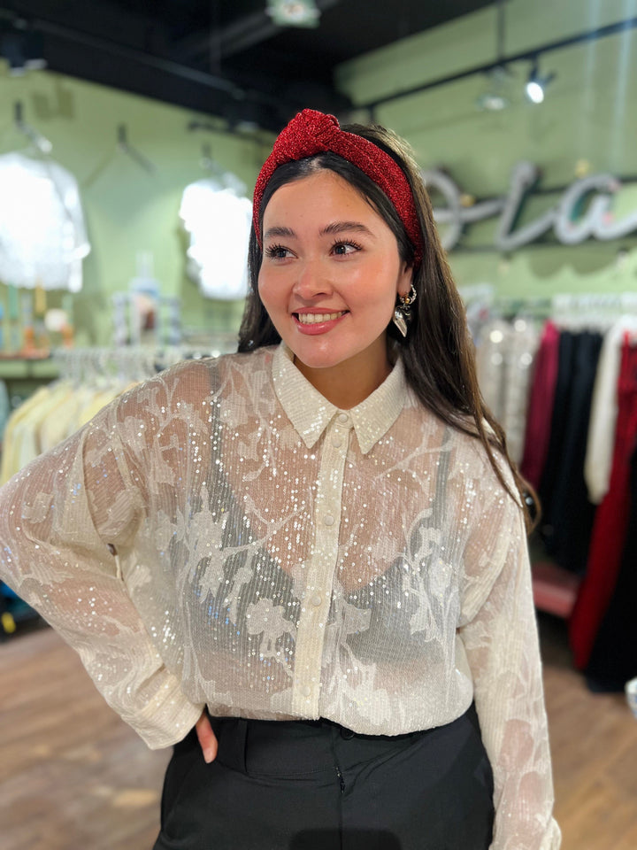 Dianas Vintage hårpynt Hårbånd av restestoff  - rød lurex