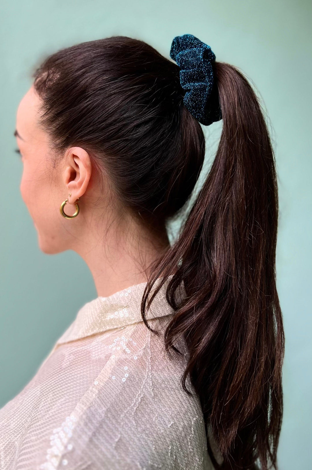 Dianas Vintage hårpynt Scrunchie av restestoff liten - blå lurex