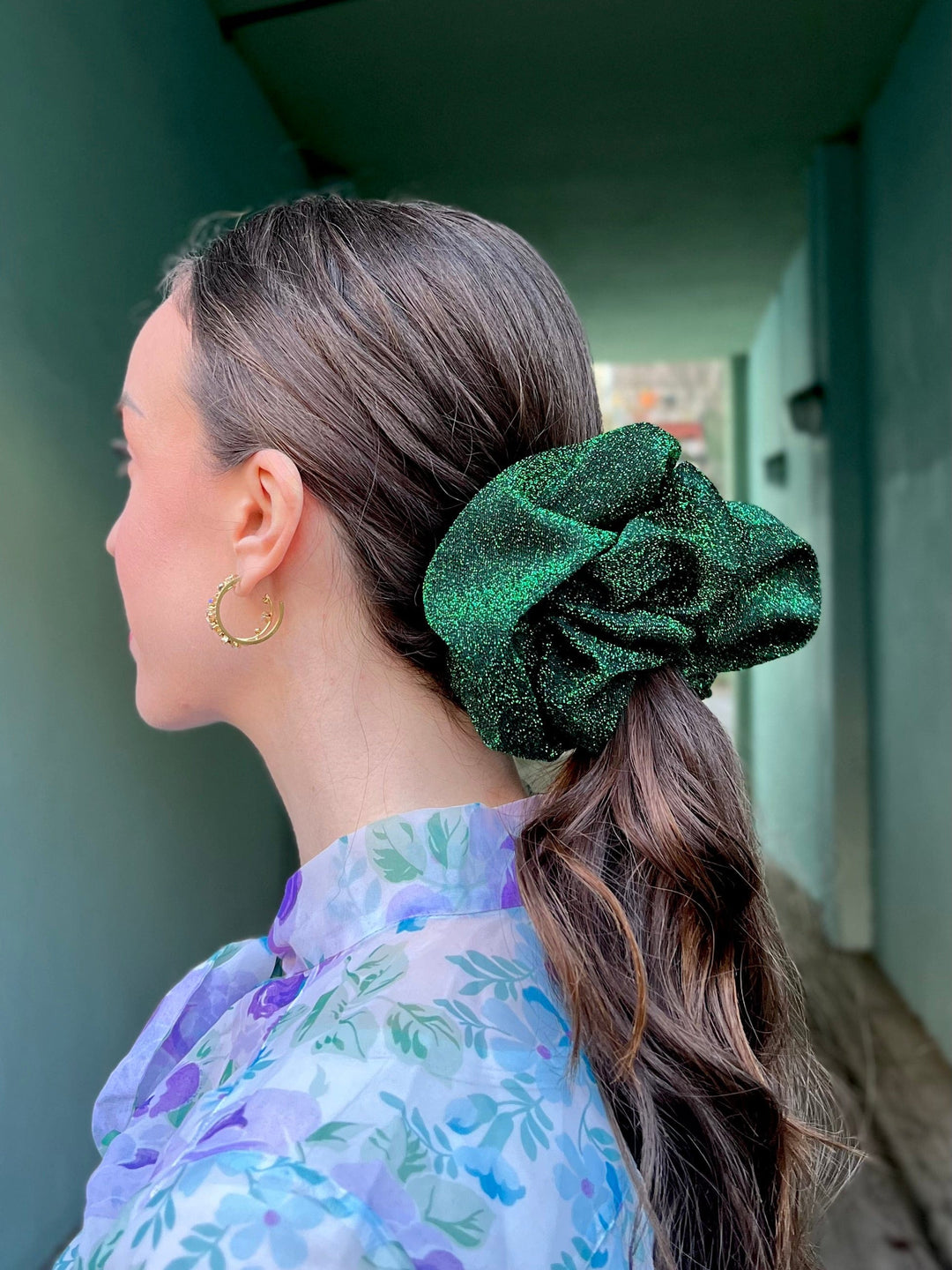 Dianas Vintage hårpynt Scrunchie av restestoff stor - grønn lurex