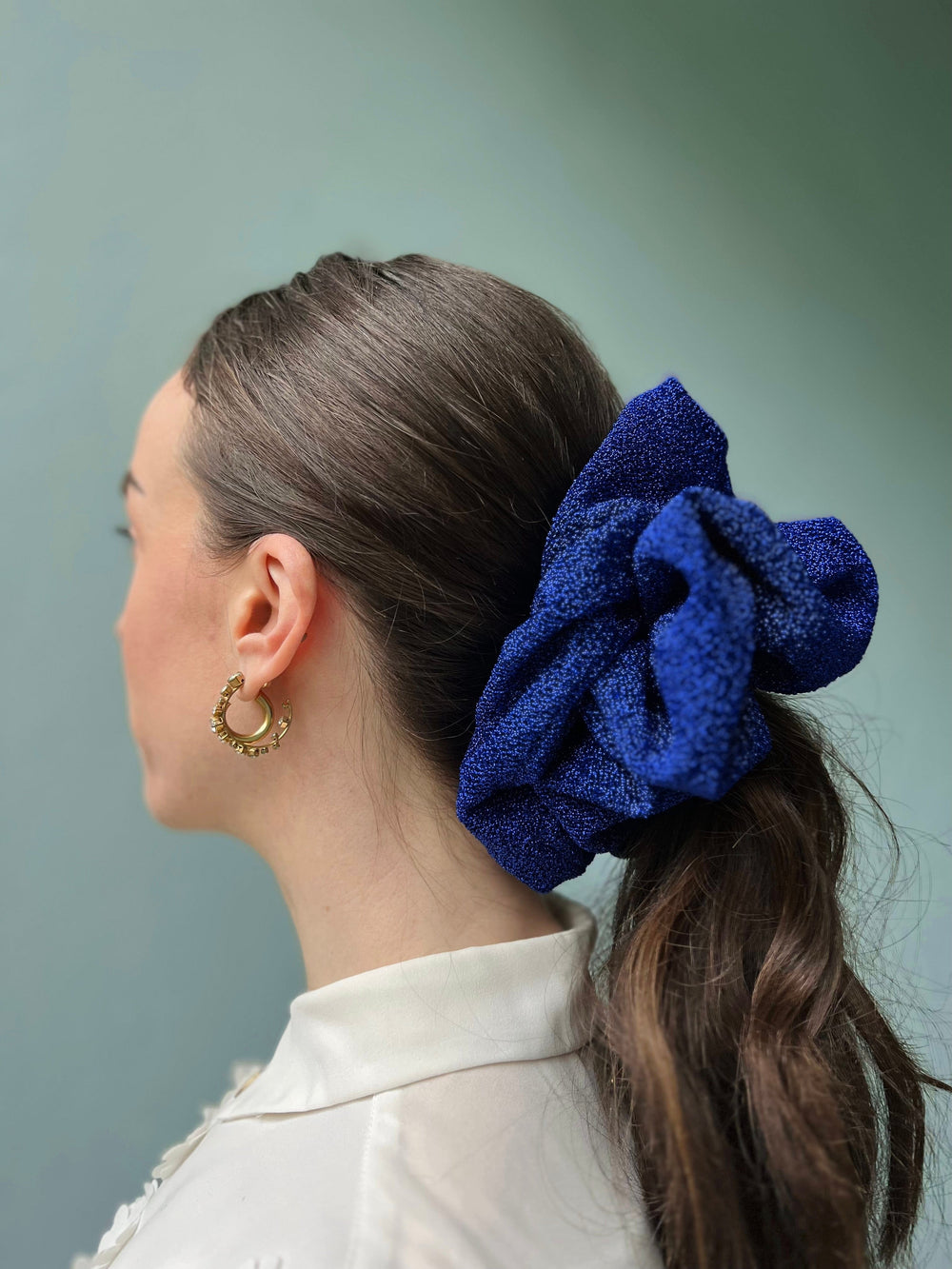 Dianas Vintage hårpynt Scrunchie av restestoff stor - mørk blå lurex