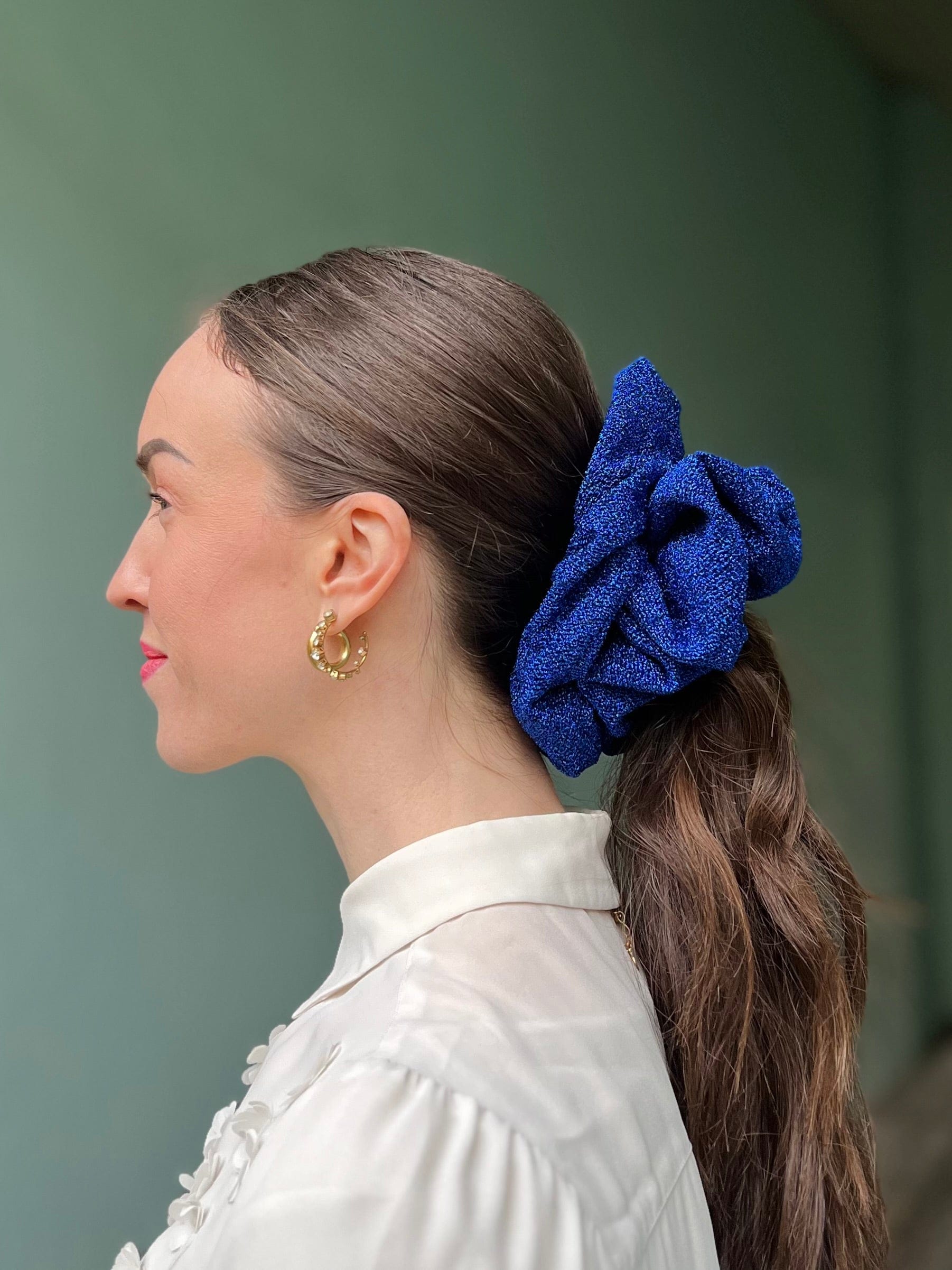 Dianas Vintage hårpynt Scrunchie av restestoff stor - mørk blå lurex