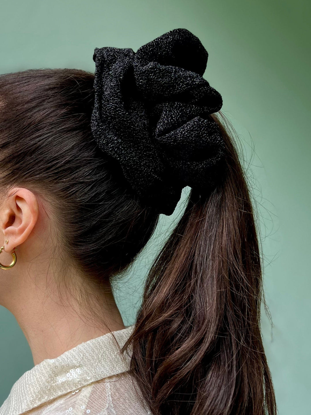 Dianas Vintage hårpynt Scrunchie av restestoff stor - svart lurex
