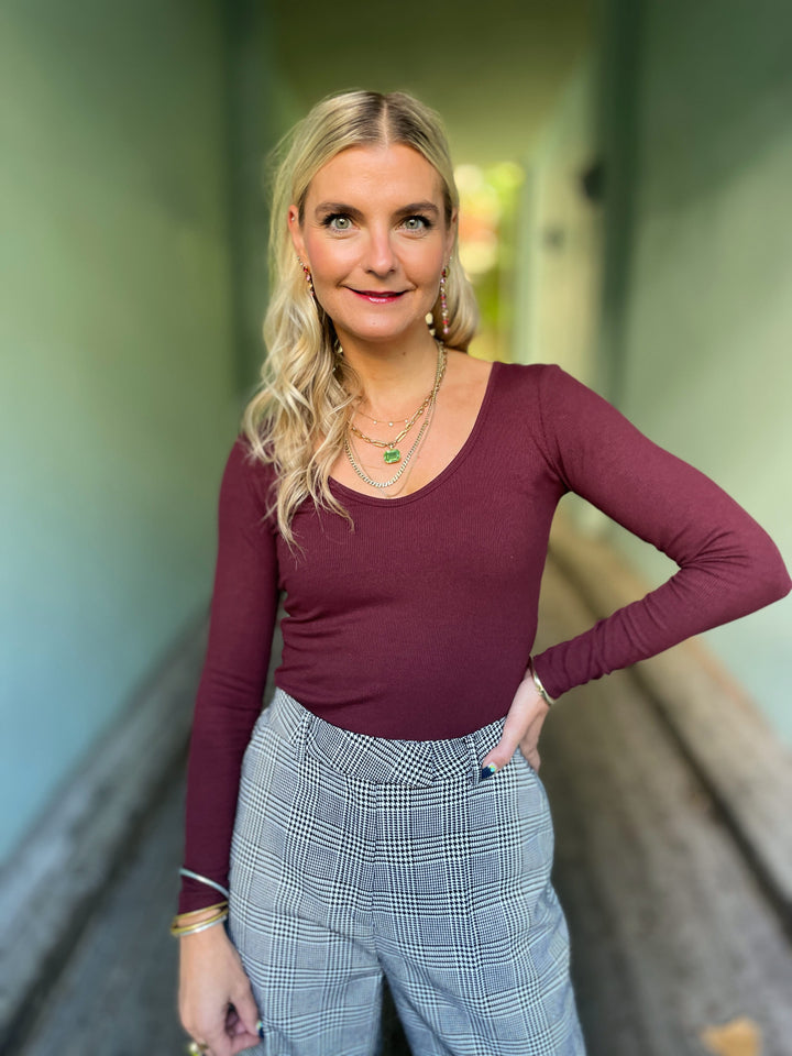 Dianas Vintage Topper Rib topp - langermet - burgunder