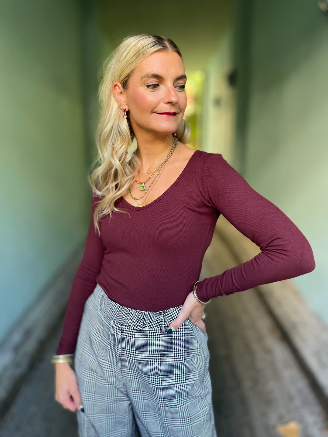 Dianas Vintage Topper Rib topp - langermet - burgunder