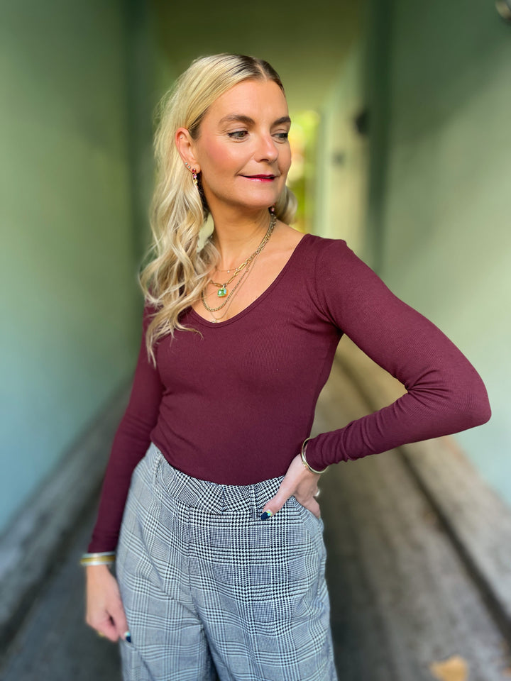 Dianas Vintage Topper Rib topp - langermet - burgunder