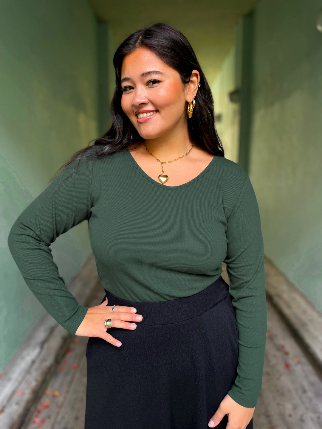 Dianas Vintage Topper Rib topp - langermet - dyp grønn