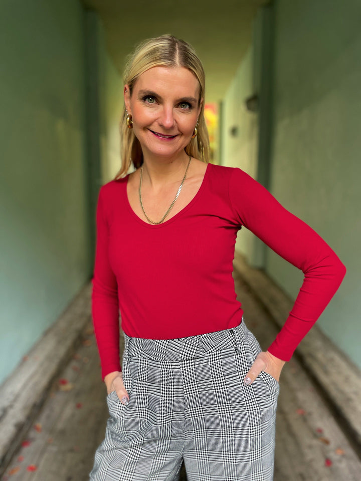 Dianas Vintage Topper Rib topp - langermet - dyp rød