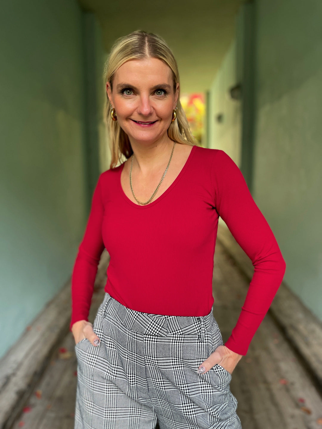 Dianas Vintage Topper Rib topp - langermet - dyp rød