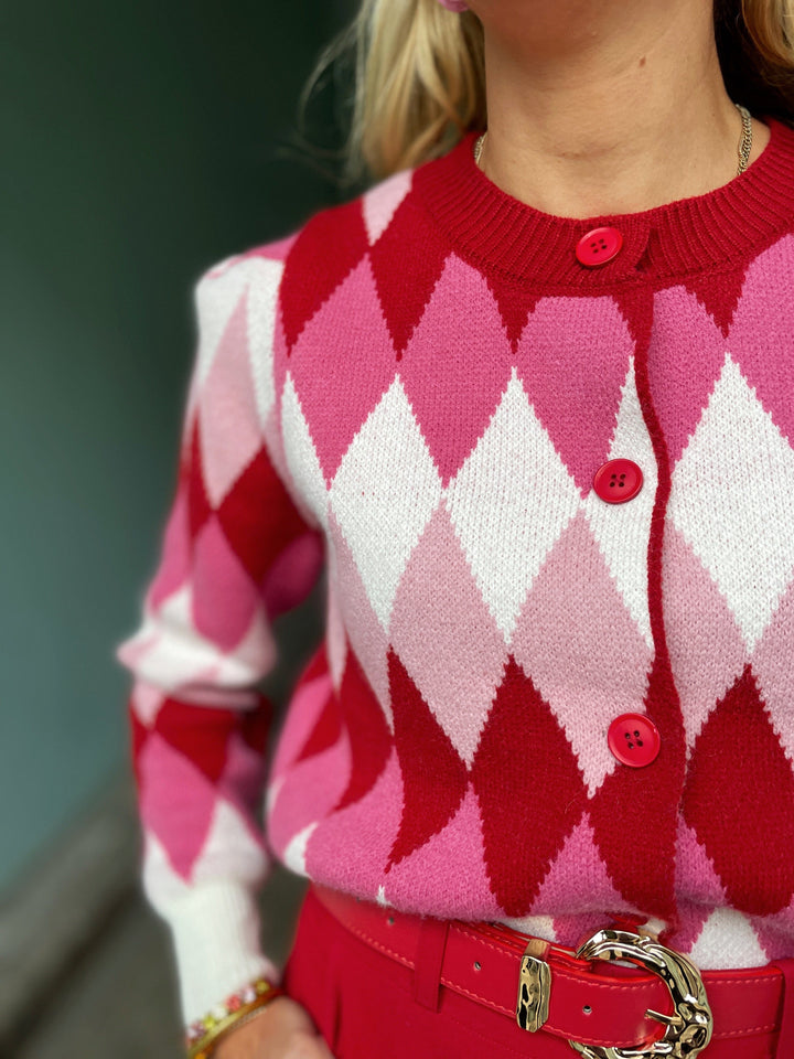 Jayley gensere Diamond Cardigan - rosa og kremhvit