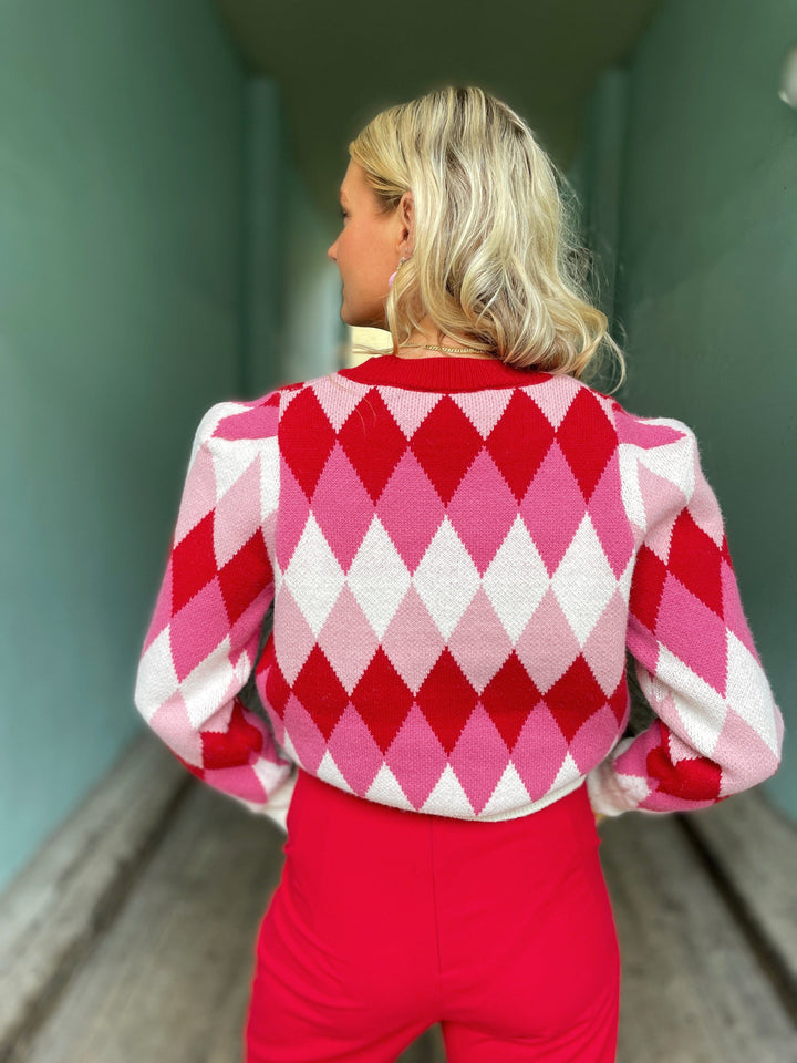 Jayley gensere Diamond Cardigan - rosa og kremhvit