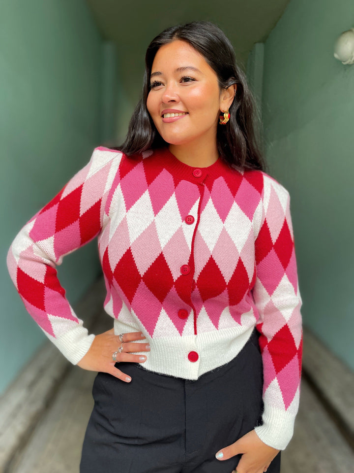 Jayley gensere Diamond Cardigan - rosa og kremhvit