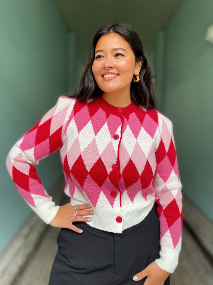 Jayley gensere Diamond Cardigan - rosa og kremhvit
