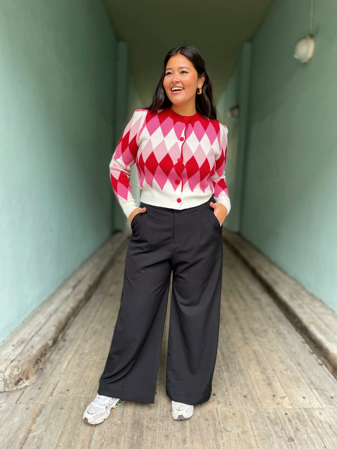 Jayley gensere Diamond Cardigan - rosa og kremhvit