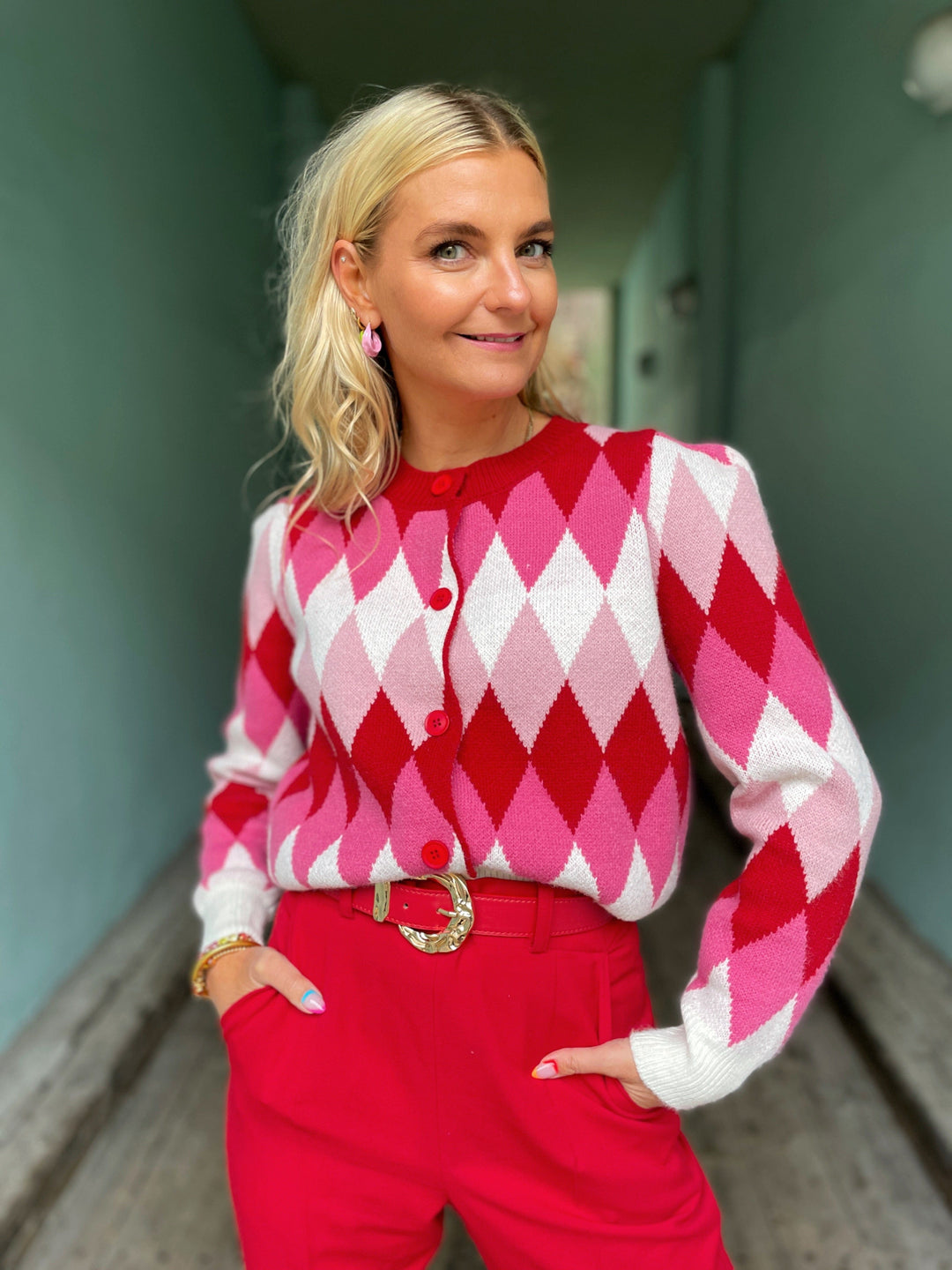 Jayley gensere Diamond Cardigan - rosa og kremhvit