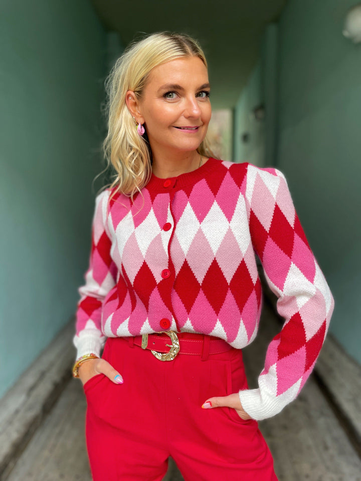 Jayley gensere Diamond Cardigan - rosa og kremhvit