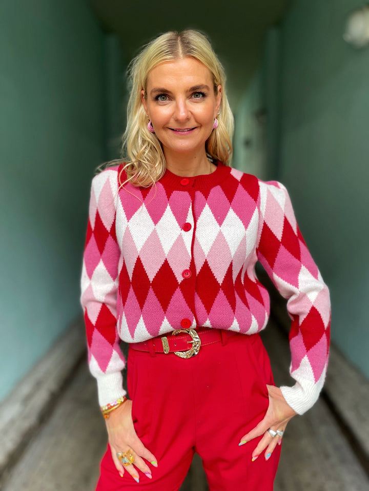 Jayley gensere Diamond Cardigan - rosa og kremhvit