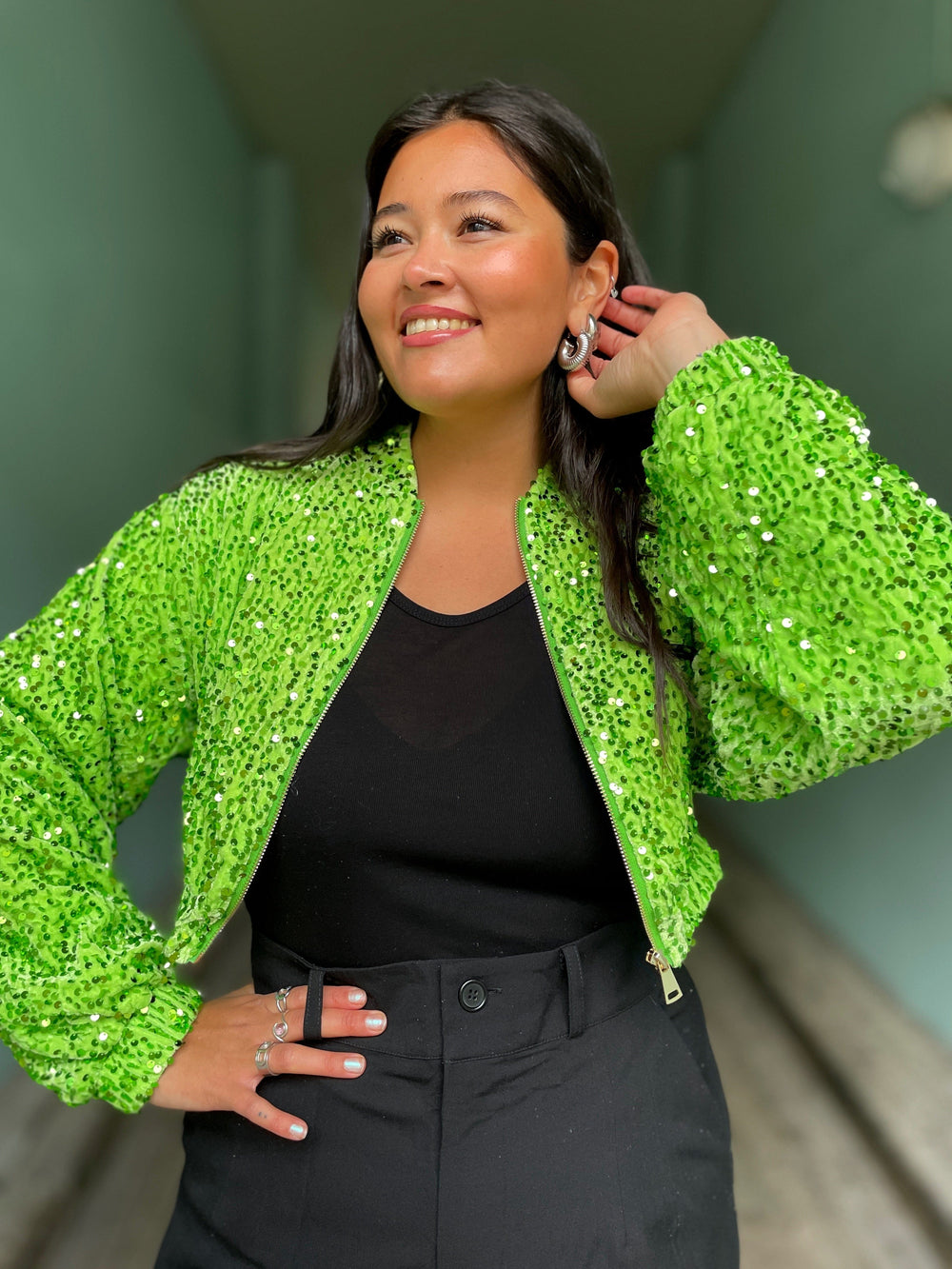 Jayley Topper Sequin Bomber Jacket - limegrønn