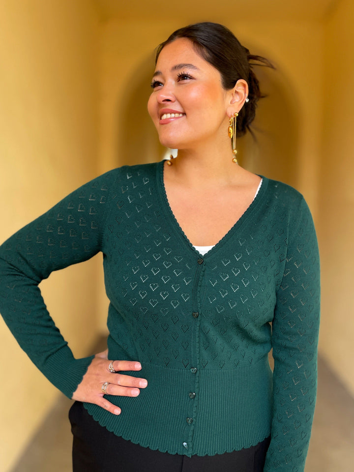 King Louie gensere Cardigan V Heart Ajour - Dragonfly green
