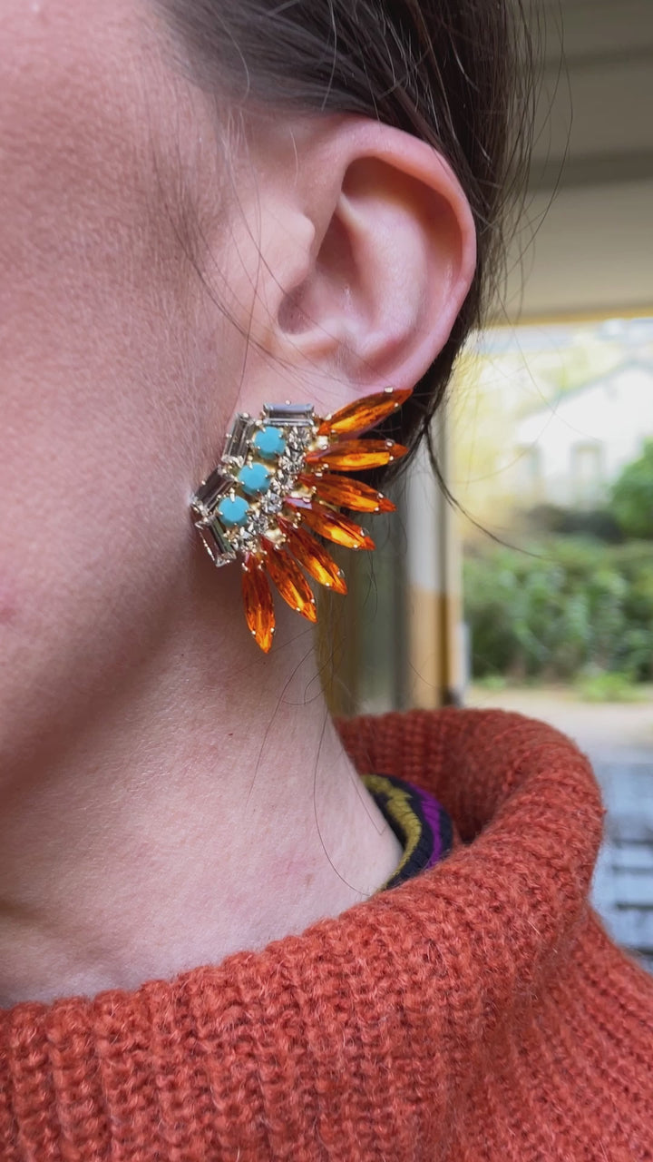 Feather earrings - tangerine/turquoise