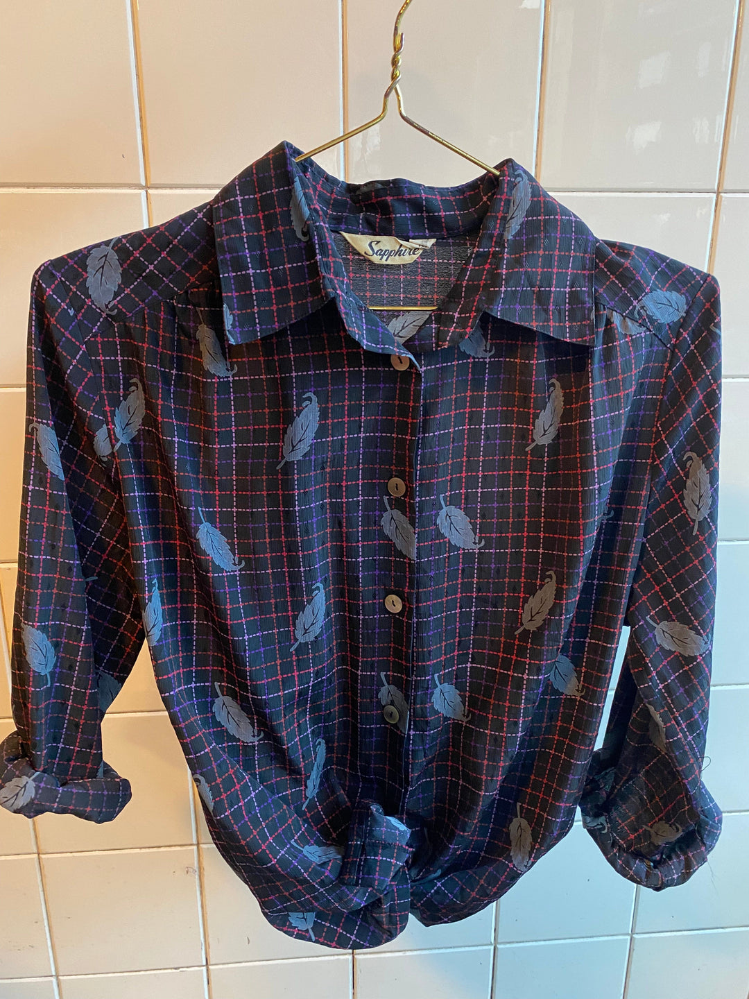 Vintage Vintage bluser S Vintagebluse -  Blå blad, str S