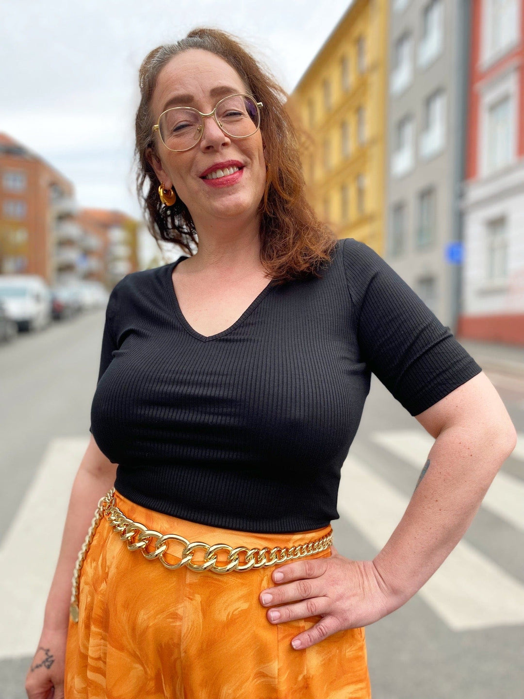 Kule culottes bukser i marmorert orange fra Dianas Vintage. Vide ben og bred linning.