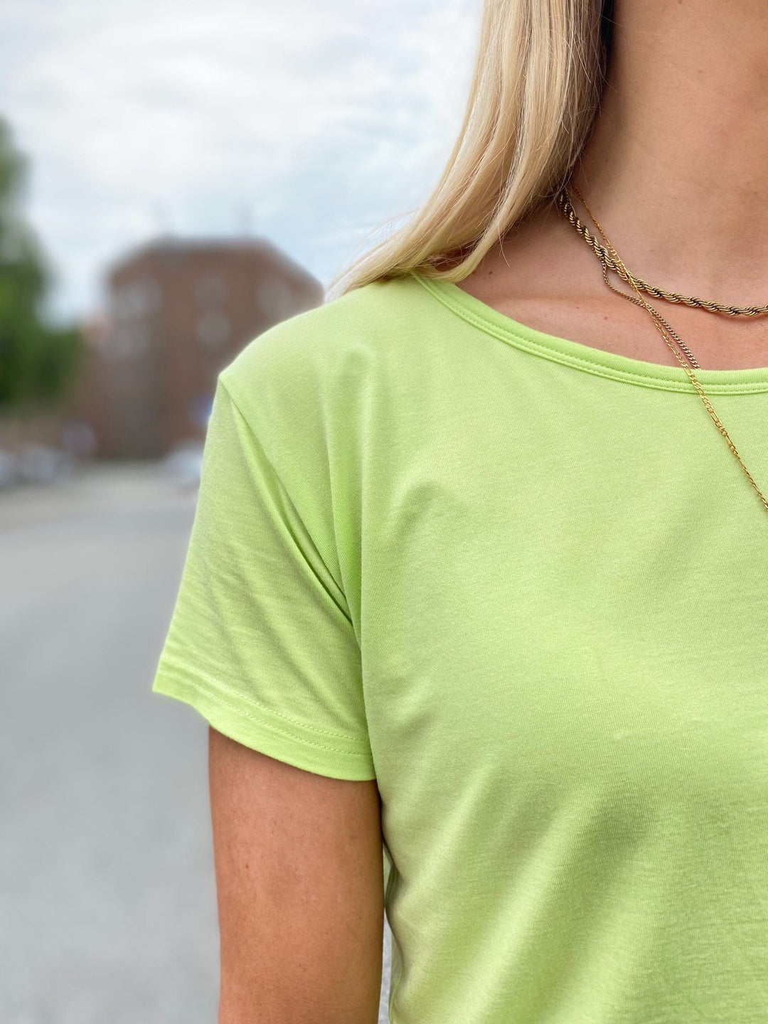 Lysegrønn t-skjorte fra Dianas Vintage med rund hals, korte ermer og kort lengde.