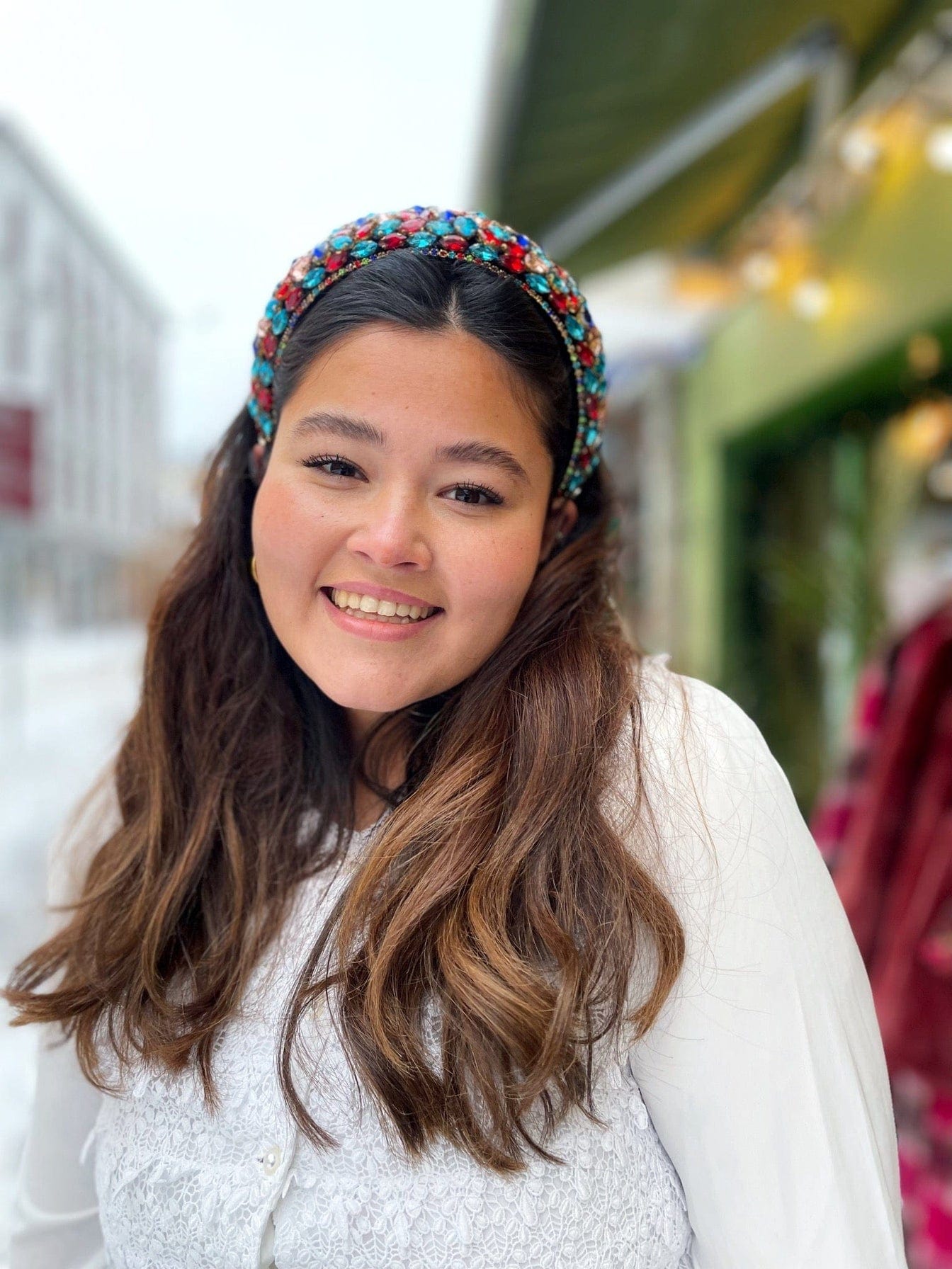Frøken Dianas salonger hårpynt Hårbøyle - bred blå og rød strass