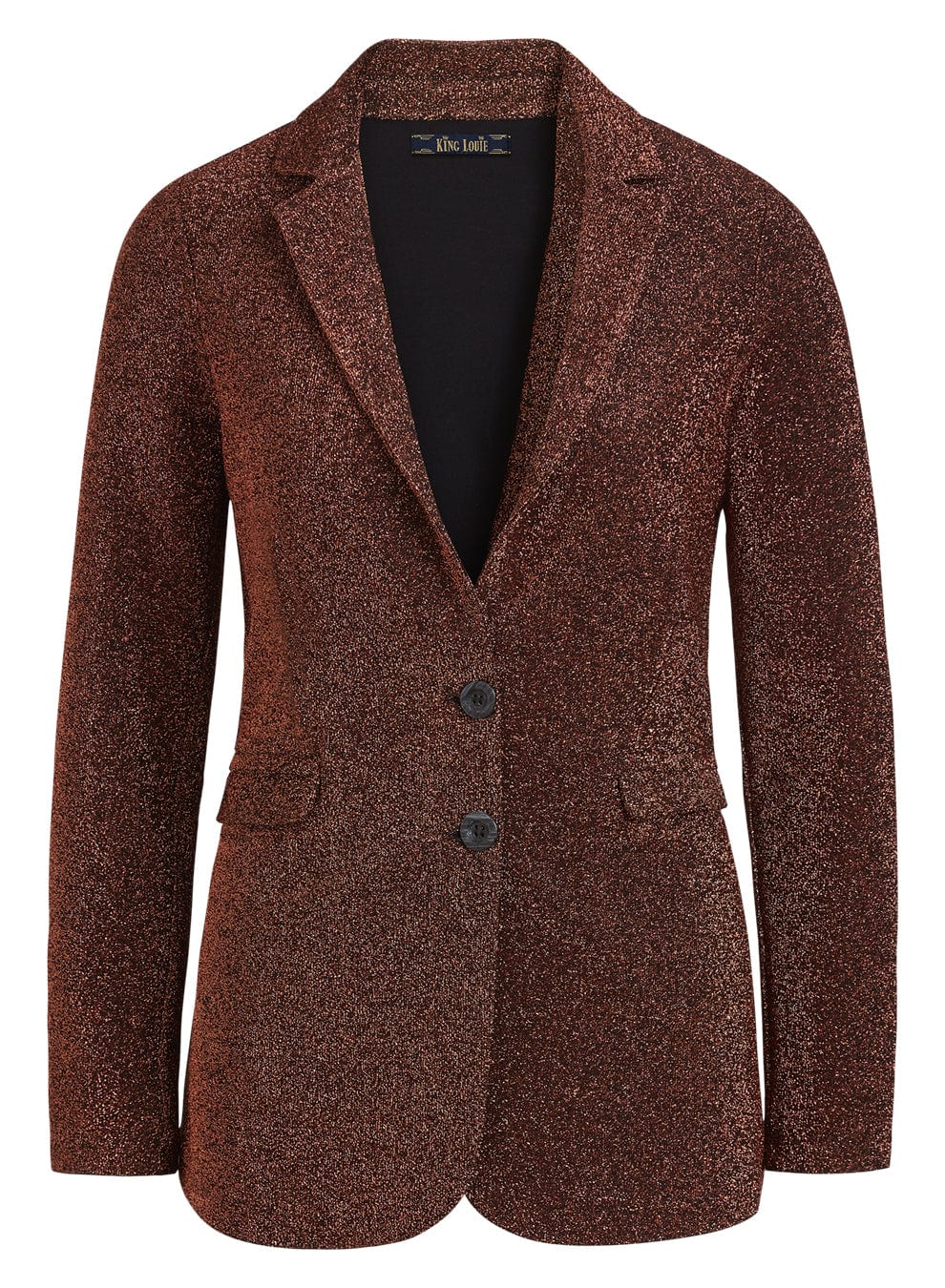 Glitrende, kobberfarget blazer fra King Louie. Flatterende snitt, lange ermer, lommer i sidene og knapper i front.
